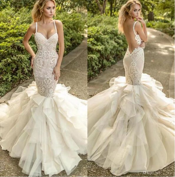 Naama Anat Couture 2019 Robes De Mariée Sirène Spaghetti Dos Nu Dentelle Applique Robe De Mariée Balayage Train Pays Robe De Mariée Sur Mesure