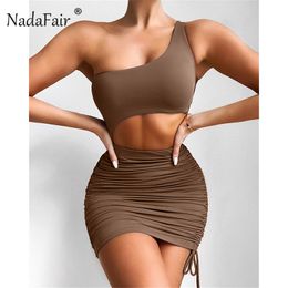 Nadafair Cut Out Sexy Mini Party Summer Dress Club Outfit Ruched One Shoulder Sheath Bandage 2021 Short Brown Bodycon Jurk X0521
