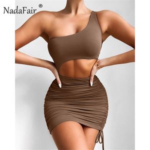 Nadafair découpé Sexy Mini fête été robe Club tenue froncé une épaule gaine pansement 2021 courte marron robe moulante X0521