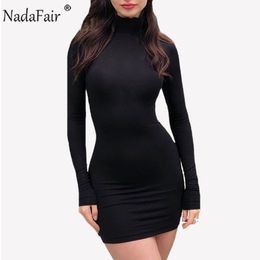 Nadafair manches longues décontracté solide automne hiver robe femmes col haut fête boîte de nuit néon moulante Mini robe noir Y0118