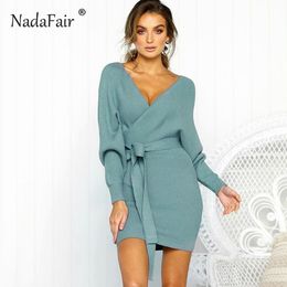 Nadafair Langarm V-Ausschnitt Strickkleid Damen Casual Schärpe Herbst Winter Pullover Kleid Damen Sexy Elegant Wickelpullover7494321