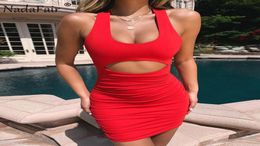 Nadafair Summer Mini Sexy Bodycon Dress Femmes Rucked Hollow Out Backless Bandage Bandage Halter Club Party Robe Red Vestidos7847651