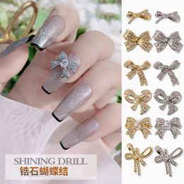 Nail Art Bowknot Zirkon Jewelry Gold Ribbon Decoration Hollow and Silver DIY Accessoires 240328