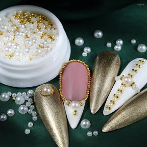 Nail Art Decoraties 1 Doos Witte Halfronde Kralen Voor Chrams 3D Imitatie Parel Met Gloden French Design Manicure DIY Decoratie