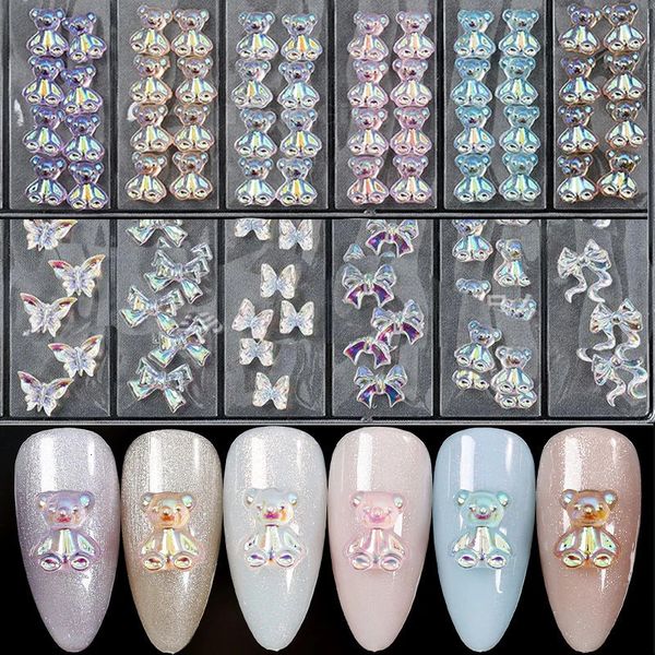 Décorations d'art d'ongle 1 paquet 3D Aurora ours papillon accessoires d'art d'ongle résine FlatBack fleurs blanches ongles acryliques paillettes bricolage décoration de manucure 231207