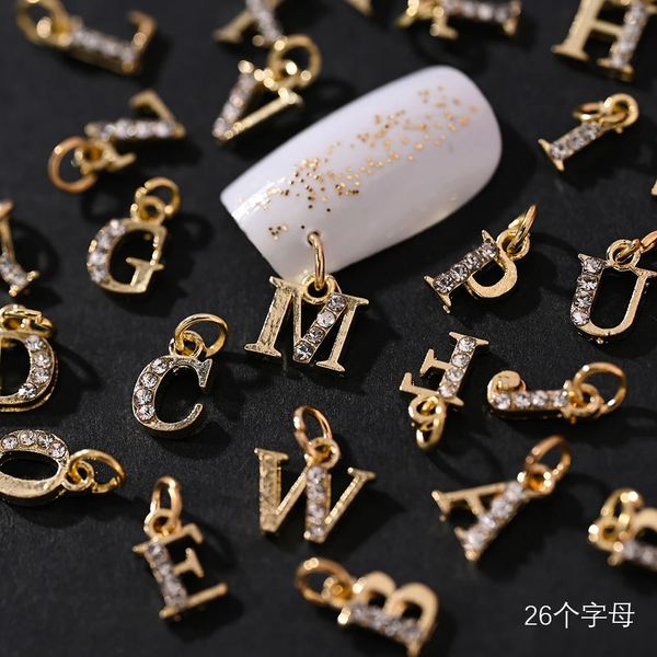 Décorations d'art d'ongle 10 26pcs percé cerceau alphabet 3D charmes 0 9 az dangle lettre or argent numéro manucure pendentif 231123