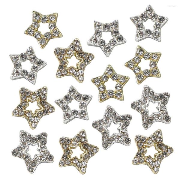 Decoraciones de arte de uñas, 10 piezas, dijes de estrellas ahuecados, uñas, aleación de metal, oro, plata, lujo, pentagrama brillante, decoración de gemas de diamantes de imitación