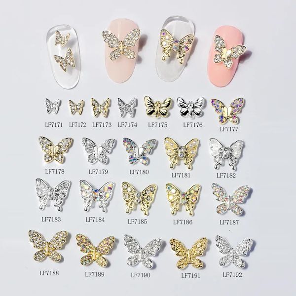 Decoraciones de arte de uñas 10 piezas GoldSilver MultiDesigns Nail Art Jewelry Charms WhiteAB Crystal Rhinestones 3D Mariposa en forma de aleación Accesorios para uñas 231207