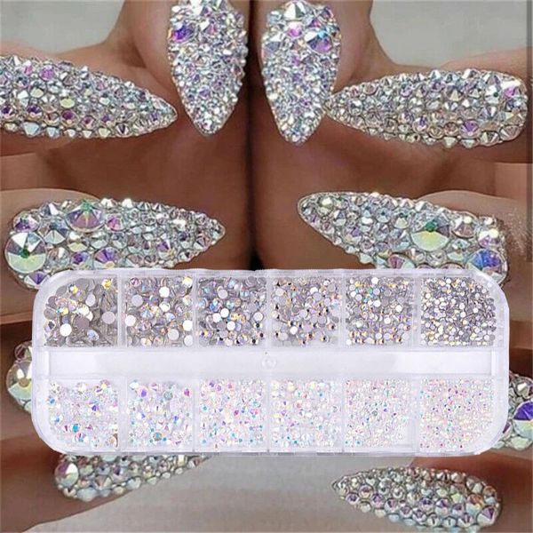 Décorations d'art d'ongle 12 boîtes ensemble de strass de cristal AB diamant gemme 3D paillettes décoration d'art d'ongle beauté 231110