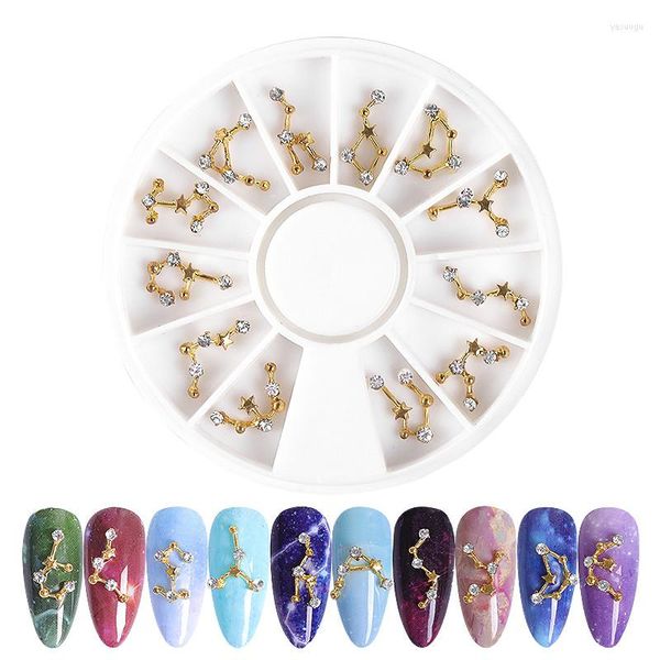 Décorations Nail Art 12 Constellation 3D Alliage Or Strass Pierres Bijoux Décoration Dans La Roue DIY Manucure Accessoires