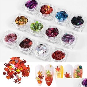 Nail Art Decoraties 12Box/Set Nagels Esdoornblad Pailletten Holografische Herfst Bladeren Vlokken Stickers Laser Glitters Paillette Manicure Dr Dht3Q