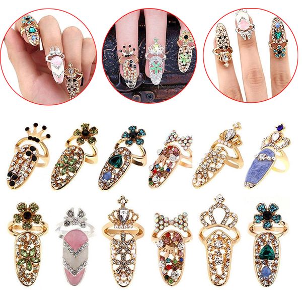 Nail Art Décorations 12Pcs / set Femmes Nail Charms Bijoux Ajusté Alliage Bowknot Ongles Ongles Anneau Décoration Couronne Cristal Doigt Nail Art Anneaux 230818