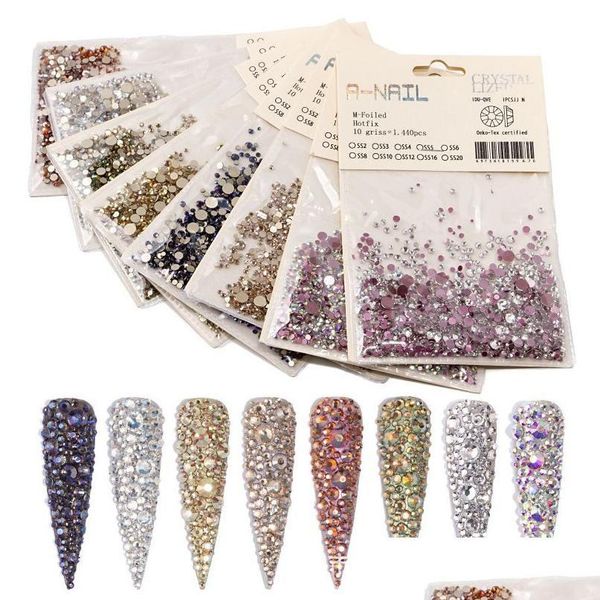 Décorations Nail Art 1440Pcs / Pack Strass Ss2-Ss20 Fond Plat Ab Flamme Cristal Rose Or Rangée Foret Verre Brillant Diamant Ongles 3D Dhcp8