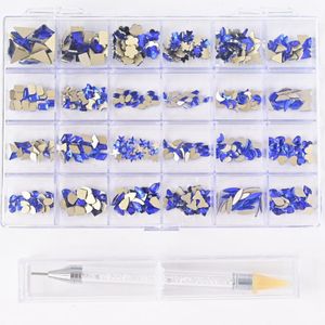 Nail Art Decorations 1box Mixed Blue Flat Glass Rhinestone Decoratie Hartster Bloemen Diamant sieraden Diy Manicuring