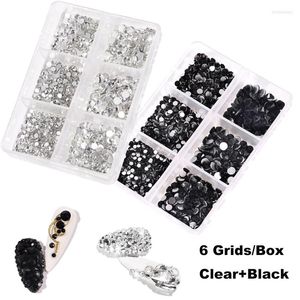 Nail Art Decorations 2 Boxs 6 Rasters Zwart/Duidelijke Decoratie Rhinestones Set Round Flatback Diamonds Charms Supplies for Professionals