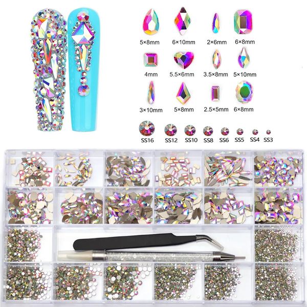 Décorations d'art d'ongle 21 grilles 6000 pièces ensemble de strass d'ongles multicolores avec stylo de forage en cristal et pinces décorations d'art d'ongle accessoires fournitures 231202