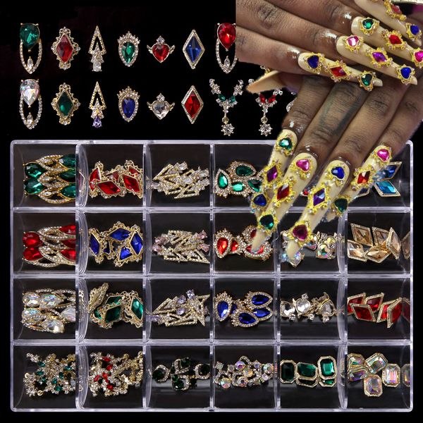 Décorations d'art d'ongle 24girds * 5PC Mix Nail Charms Gems dans Clear Box AB Strass 3D Jewelly Crystal Stones Manucure Charms # 6zd 230822