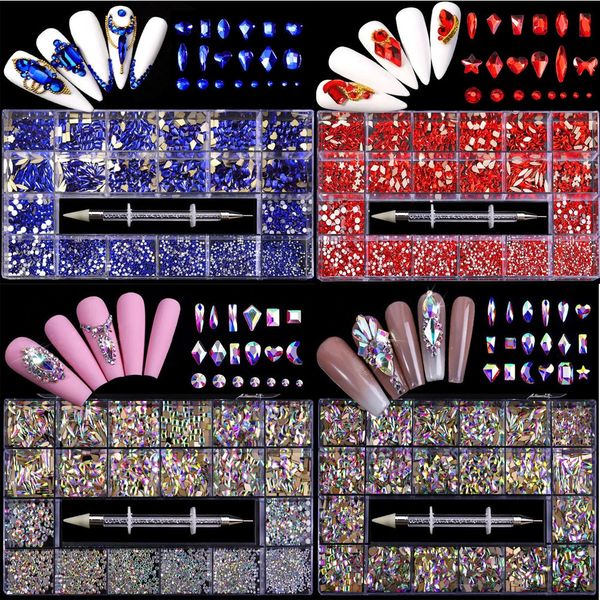 Nail Art Décorations 2500 pièces Kit de strass pour Nail Art en boîte 21 grilles ensemble de tailles mixtes 1pc stylo de ramassage décorations en cristal de verre 3D AB pierres précieuses plates 231211