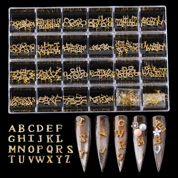 Nail Art Decoraciones 260pcs Letras Nail Charms Kit Oro / Plata / Rose Metal Designer Nail Jewelry Alfabeto 3D Nail Art Diamantes Decoraciones 230818