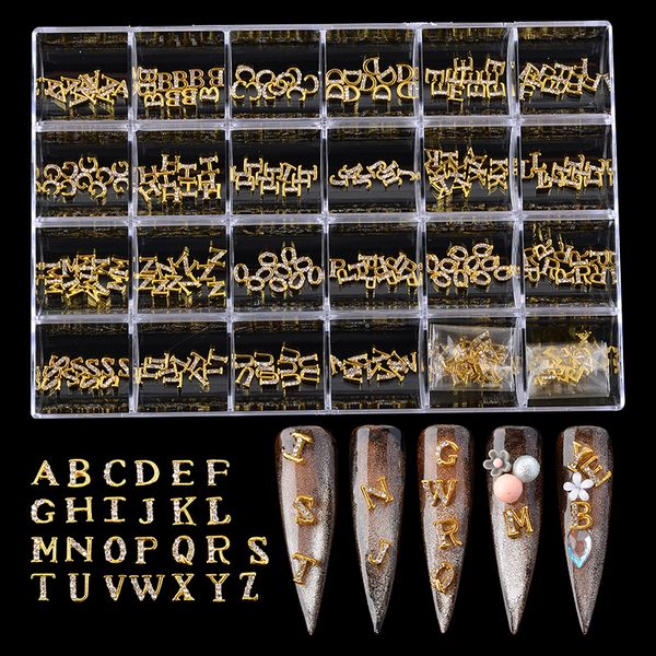 Nail Art Décorations 260 pièces lettres ongles breloques Kit or/argent/Rose métal concepteur ongles bijoux Alphabet 3D Nail Art diamants décorations 230822