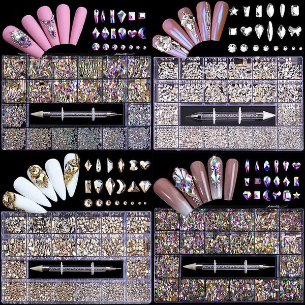 Nail Art Décorations 2800 pièces Kit de strass pour Nail Art en boîte 21 grilles ensemble de tailles mixtes 1 pièce stylo de ramassage décorations en cristal de verre 3D AB pierres précieuses plates 231202