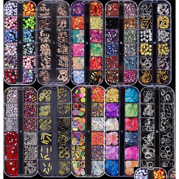 Décorations Nail Art 5 Cas / Ensemble Divers Strass 3D Perles Métal Rivet Paillettes Gemmes Bricolage Artisanat Bijoux Décoration Drop Delivery He Dhxju