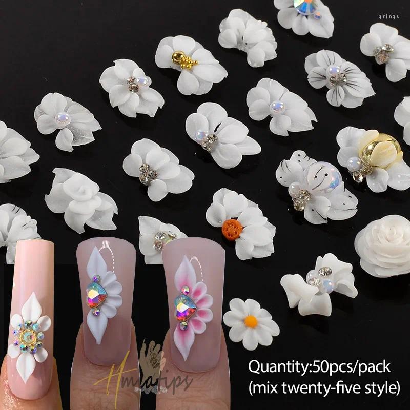 Nail Art Decorations 50pcs White Hand Made Acrylic Flower Decoration Kawaii Cute Charms For Nails 3D Simulation Carved Floret Parts