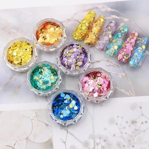 Decoraciones para uñas, 6 cajas/juego de lentejuelas doradas láser redondas de tamaño Hexagonal, lentejuelas de purpurina mixtas, Gel de escamas de pigmento para abalorios DIY