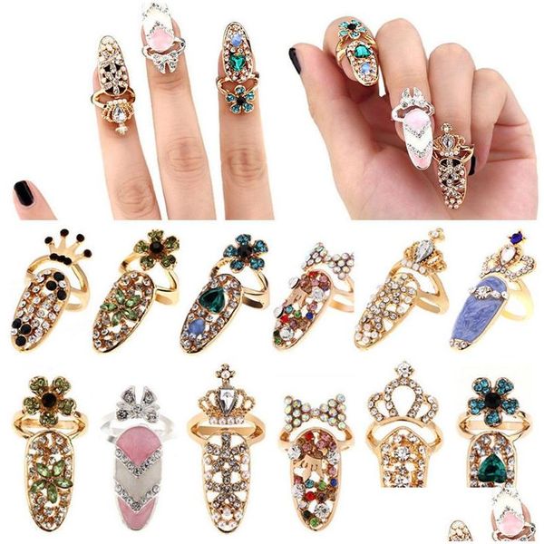 Nail Art Decoraciones Bowknot Anillo Charm Crown Flower Crystal Anillos de dedo para mujer Lady Rhinestone Fingernail Moda protectora Je Dhb8J
