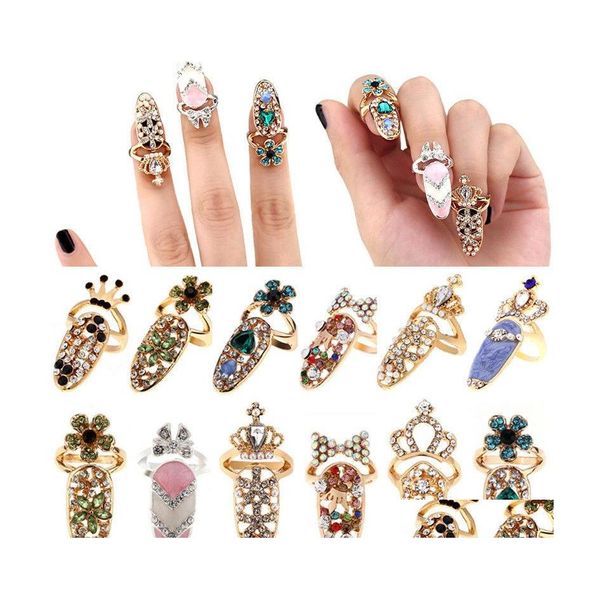 Nail Art Decorations Bowknot Ring Charm Crown Flower Crystal Dinger Rings Fome Femme Lady Rignestone Fingernail Protection Fashion Je Dhhoh