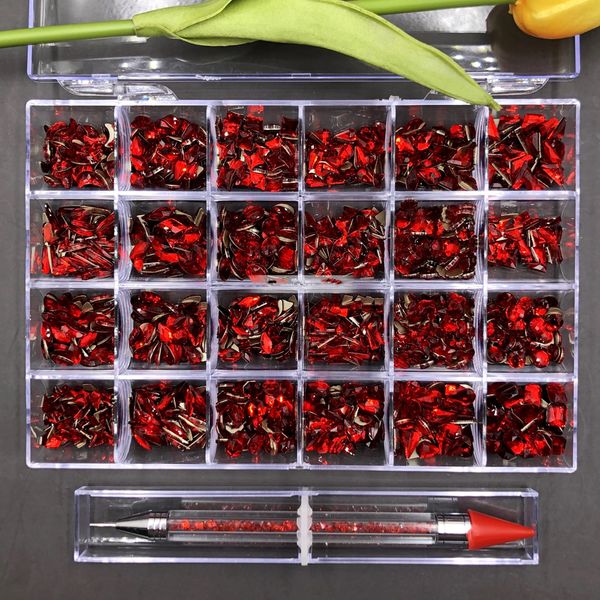 Décorations Nail Art Verre Ongles Cristaux Bling Box-Rouge Boîte 24 Grilles avec 1pc DottingAB Cristal Strass Boîte Transparent Multi-Forme Dos Plat Nail Gem 230729