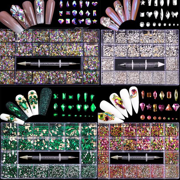 Kit de strass de luxe en diamant brillant pour Nail Art, ensemble de décorations en cristal de verre, 1 stylo de ramassage dans une boîte de grilles, 21 formes de 2500 pièces, 230310