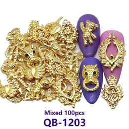 Mezcla de decoraciones para decoración de uñas, 100 piezas, decoración de uñas de manicura de metal, dije dorado plateado con cabeza de leopardo, oso ángel, variedad de marcas, accesorios para uñas mixtos 231202