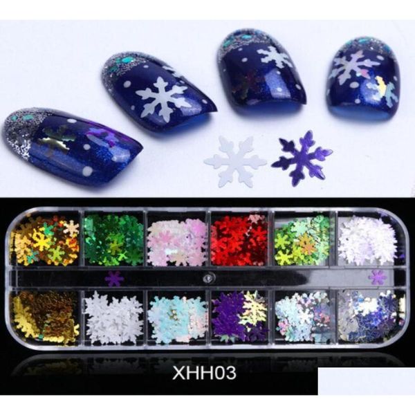 Décorations d'art d'ongles Nouveaux autocollants de paillettes de paillettes de flocon de neige 12 grilles flocons de neige outil de manucure de bricolage ensemble de Noël Epacket Drop Delivery Heal Dhtcb