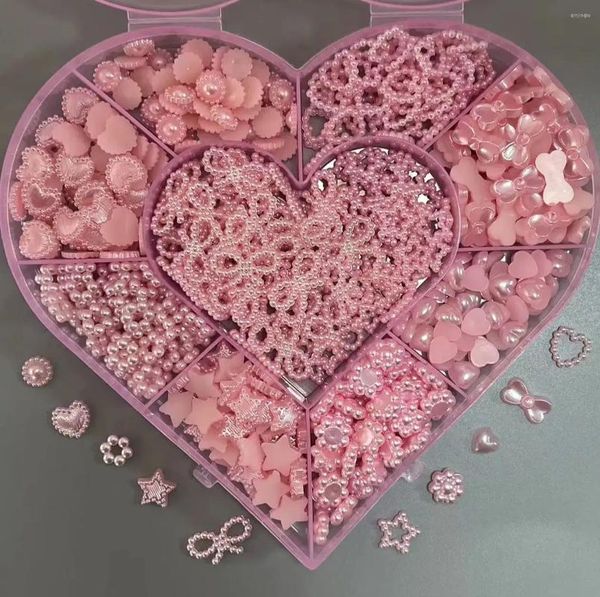 Decoraciones de arte de uñas Corazón rosa en caja 500 piezas Perla mixta Amor Arco Estrella Mariposa Ballet francés Princesa Bailarina Charms Decoración Conjunto de gemas