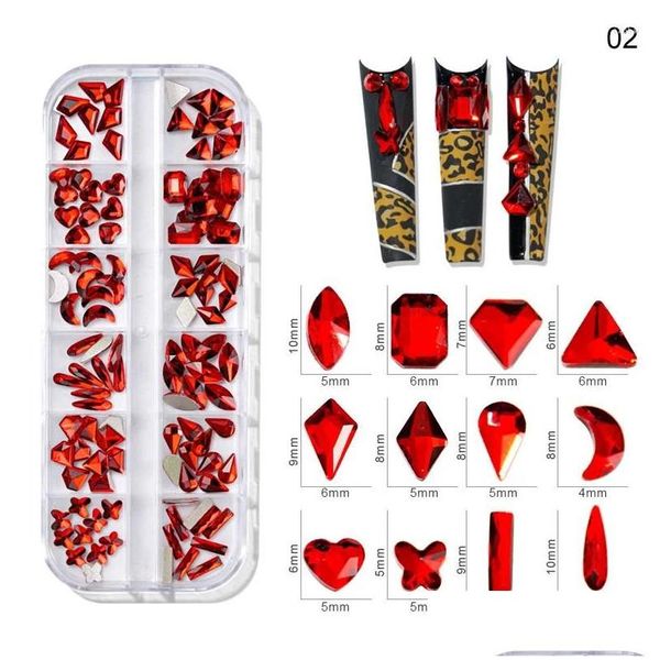 Decoraciones de arte de uñas Rojo 12 Caja de Gird Tamaño de mezcla AB / ColorF Rhinestones Flatback Crystal Diamond Gems 3D Glitter Lujoso R01 Drop Delive Otygz