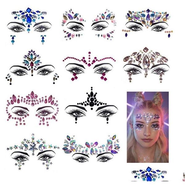 Décorations d'art d'ongle strass festival visage bijoux autocollant faux autocollants de tatouage corps paillettes tatouages gemmes flash pour la fête de la musique faire Dhkuk