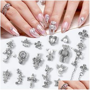 Nail Art Décorations Sier Zircon Strass 3D Ours Papillon Fleur Croix Gland Chaînes Perles Ongles Bijoux Diy Accessoires Drop Dhlji