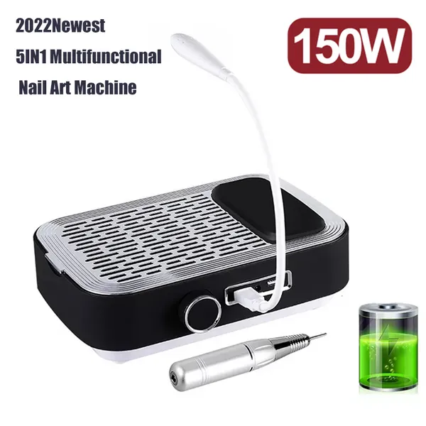 Nail Art Equipment 5 IN1 150W Taladro de colector de polvo recargable de alta potencia con máquina de iluminación de filtro de almohadilla de mano