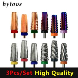 Nail Art Equipment HYTOOS 3-delige set 5-in-1 hardmetalen boor Bits Two Way Tapered Bit Rotary Burr Electric Manicure Nagels Accessoires 230606