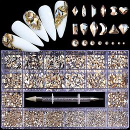 Nail Art Kits 1000 stks / doos Gemengde AB Glas Crystal Diamond met 1 Pick-up pen in roosters 21 Vorm en plaksteen Rhinestone Set