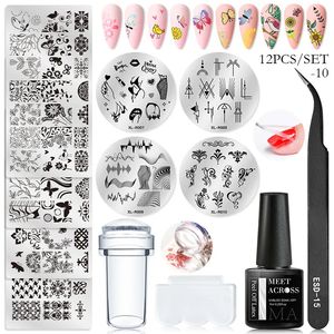 Nail Art Kits 12 stuks Sjablonen Stempelplaat Bloem Vlinder Ontwerpplaten Met Jelly Siliconen Schraper 230927