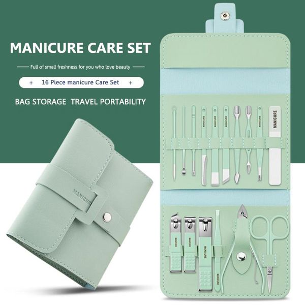 Kits d'art des ongles 16 en 1 Cutter Ciseaux professionnels en acier inoxydable Kit de toilettage Cuticules Outils utilitaires Soins Tondeuse Ensemble de manucure