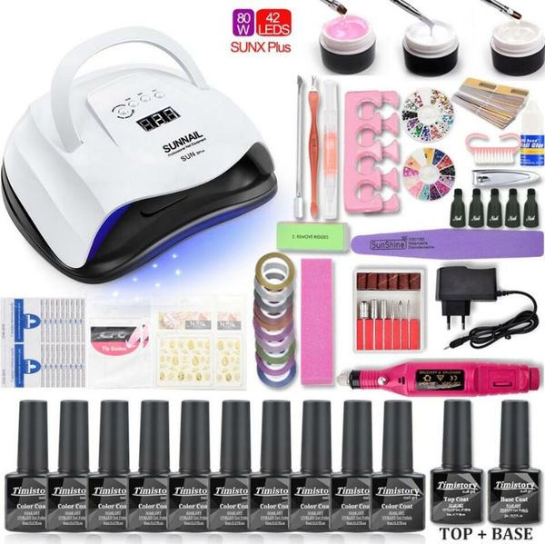 Kits de arte de uñas 80/54 / 36W lámpara UV 10 Color Gel Polish Kit Manicure Set Extension Taladro eléctrico Herramientas