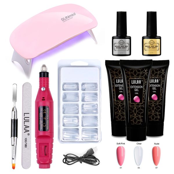 Kits de arte de uñas Cnhids Extension Gel juego transparente Kit de manicura completa color de brillo desnudo con lámpara de mouse portátil de máquina de perforación 230816