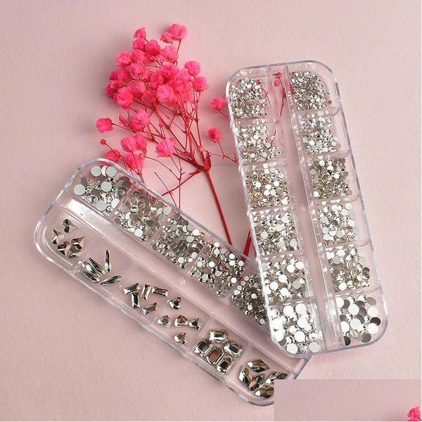 Kits d'art nail décorations 12 boîtes de grille en cristal strass de ramiage rond en verre plat mixte taille ongle ongle bricolage accessoires de décoration d otjgb