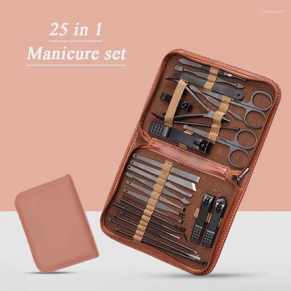 Kits de nail art de haute qualité Ensemble de manucure 25 en 1 kit pratique professionnel avec étui en cuir en acier inoxydable Clippers de soins personnels