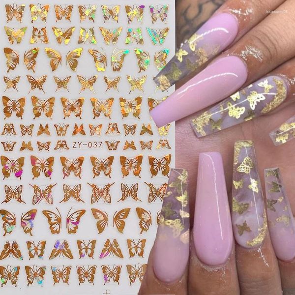 Kits de arte de uñas láser oro plata mariposa pegatina 3D patrón de bronceado autoadhesivo transferencia deslizadores calcomanías decoración DIY