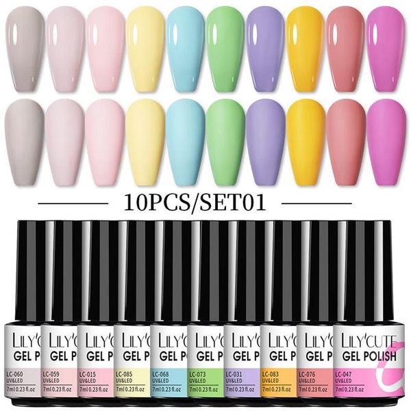 Kits de decoración de uñas LILYCUTE, 10 colores, juego de esmaltes en Gel, lentejuelas brillantes, barniz híbrido semipermanente, capa superior para Base, Soak Off UV LED2353