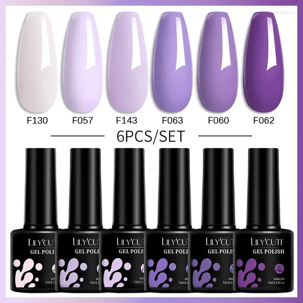 Kits d'art d'ongles LILYCUTE 6pcs / set 7ml Gel Polish Set Purple Glitter Semi Permanent Soak Off UV LED Design Kit de manucure